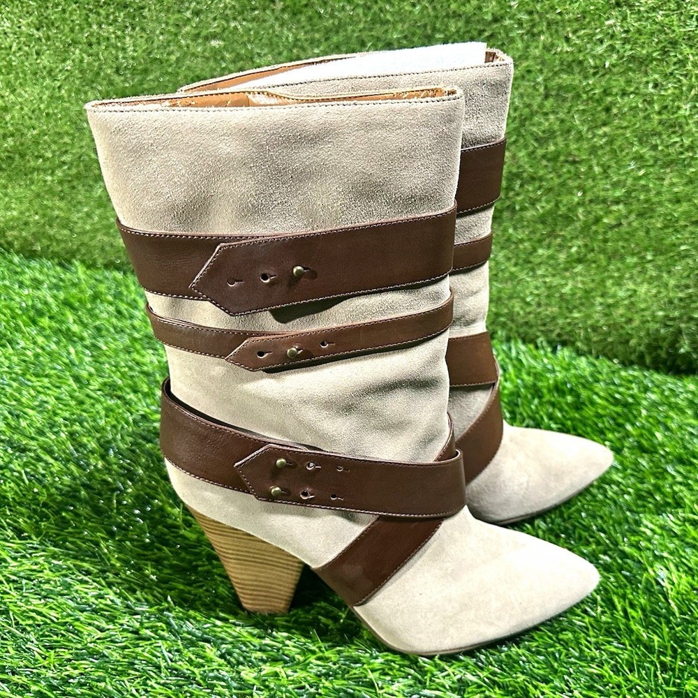 Nine West Airette Women's 9.5 Leather Taupe Multi Buckle Boots New Without Box